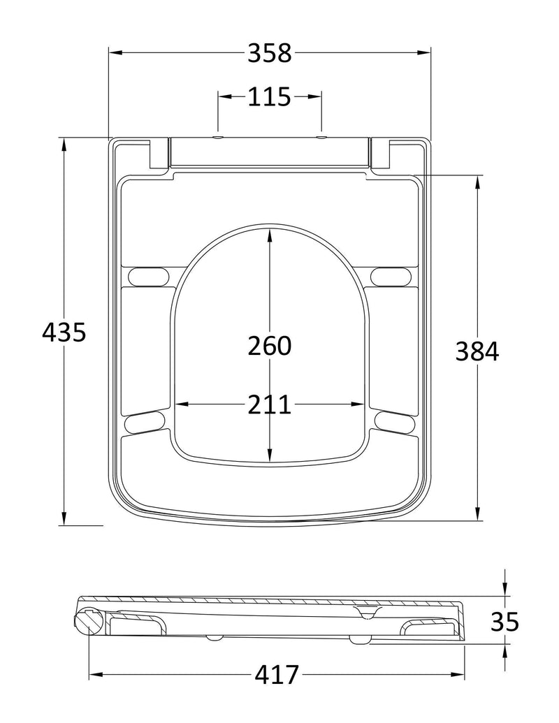 Nuie Gloss White D-Shaped Soft Close Toilet Seat with Quick Release Hinge (NCH198) line drawing