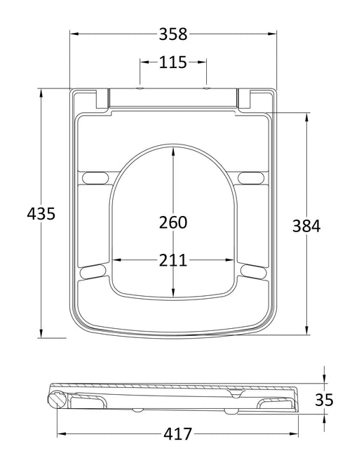 Nuie Gloss White D-Shaped Soft Close Toilet Seat with Quick Release Hinge (NCH198) line drawing