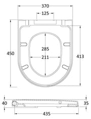 Nuie Gloss White D-Shaped Soft Close Toilet Seat with Quick Release Hinge (NTS007) line drawing