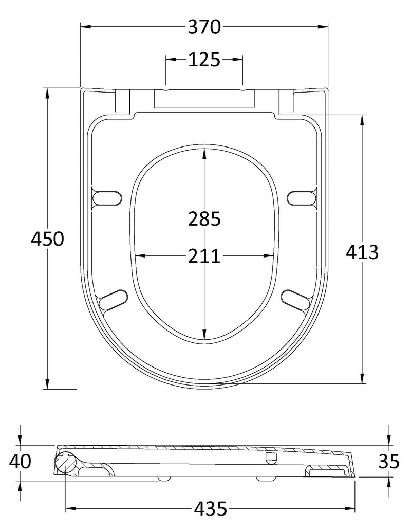 Nuie Gloss White D-Shaped Soft Close Toilet Seat with Quick Release Hinge (NTS007) line drawing