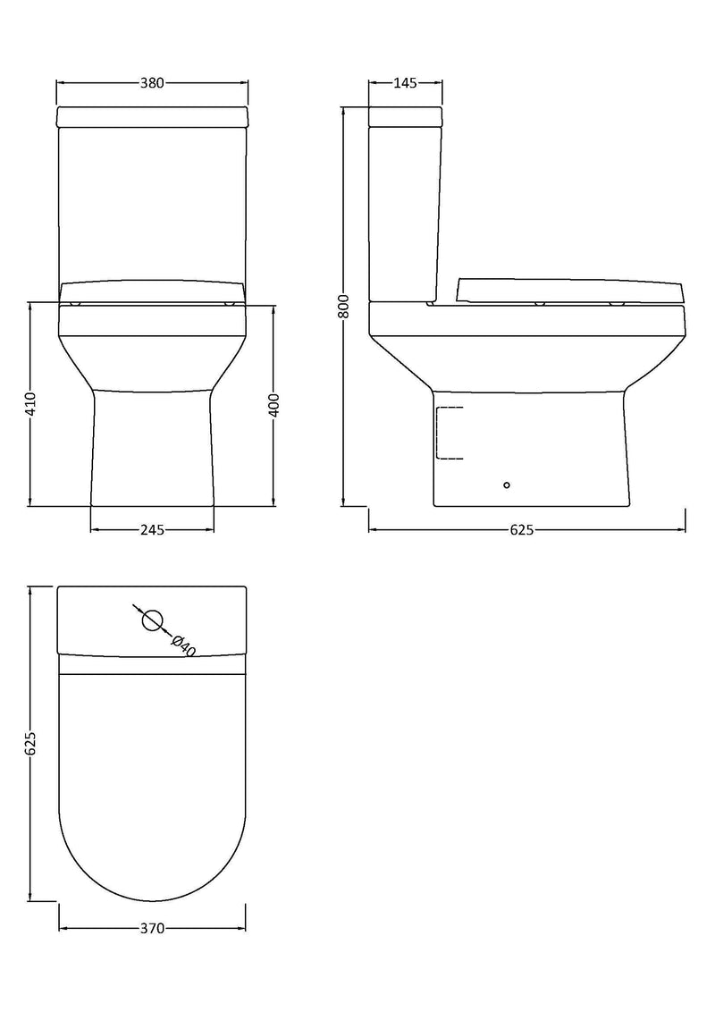 Nuie Harmony 380mm toilet pan and cistern line drawing with dimensions