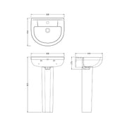 Nuie Harmony 500mm basin and pedestal line drawing with dimensions