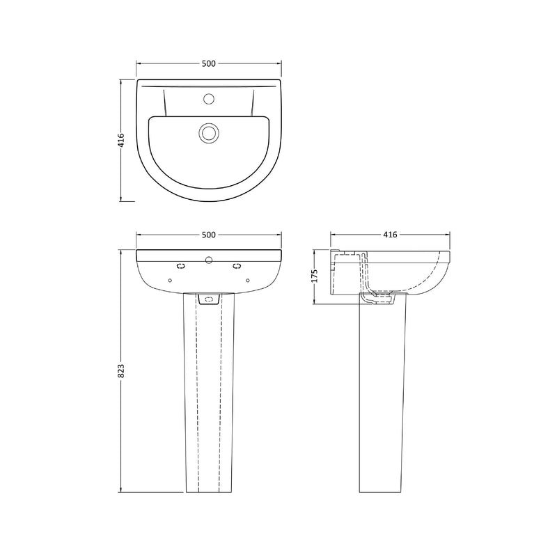 Nuie Harmony 500mm basin and pedestal line drawing with dimensions