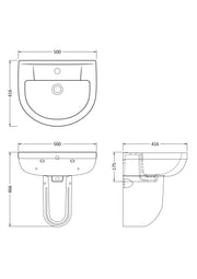 Nuie Harmony 500mm basin and semi pedestal line drawing with dimensions