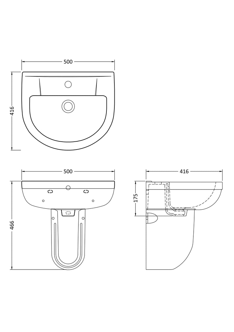 Nuie Harmony 500mm basin and semi pedestal line drawing with dimensions