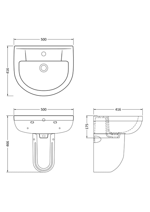 Nuie Harmony 500mm basin and semi pedestal line drawing with dimensions