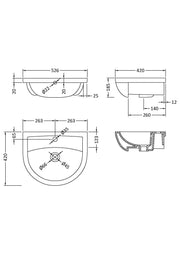 Nuie Harmony 500mm Ceramic Semi-Recessed Basin 1 Tap Hole (NCH305A) line drawing
