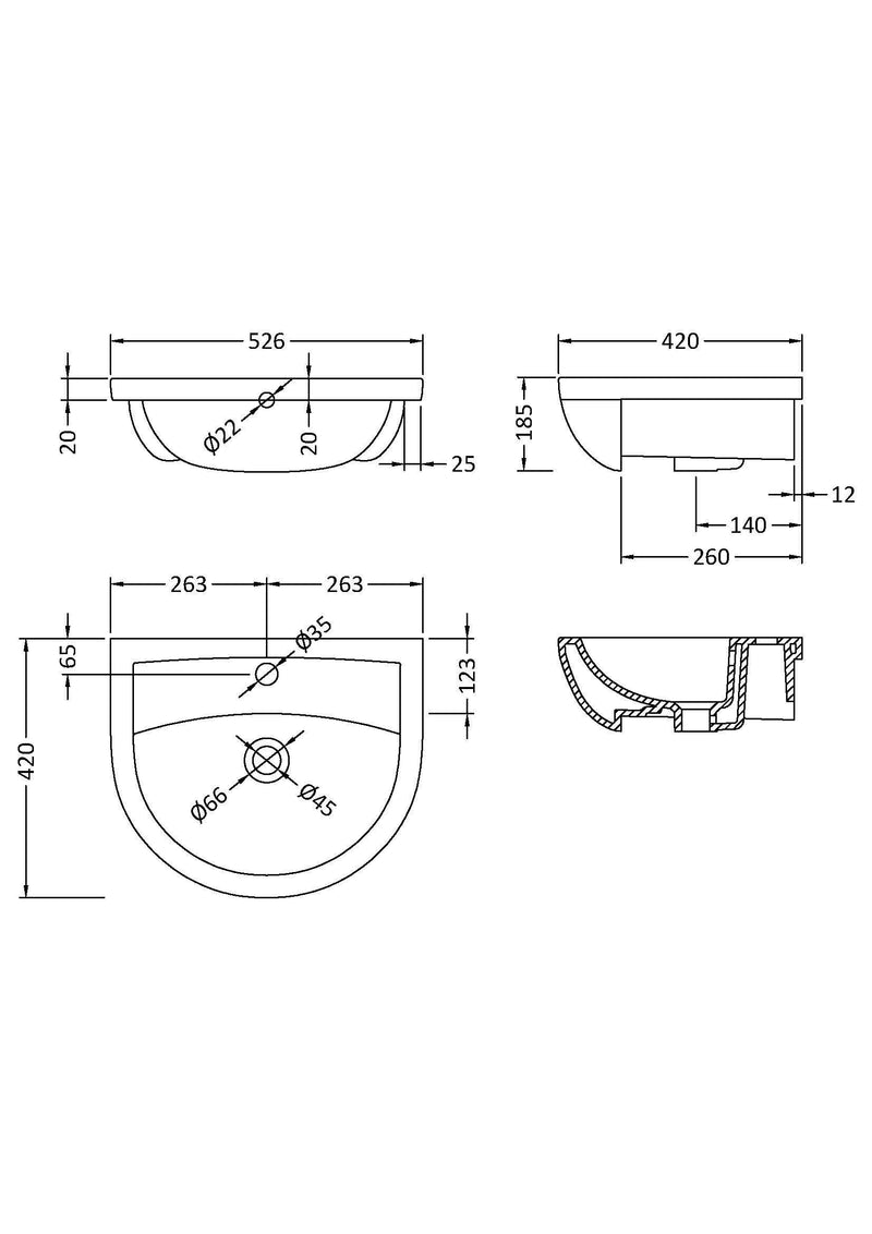 Nuie Harmony 500mm Ceramic Semi-Recessed Basin 1 Tap Hole (NCH305A) line drawing