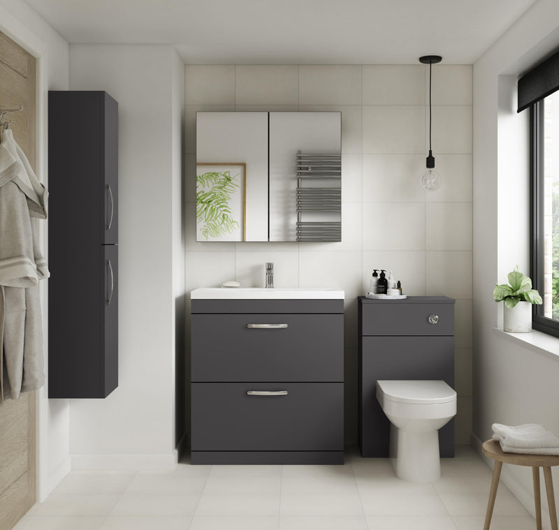 Nuie Harmony round back to wall toilet pan in a contemporary bathroom