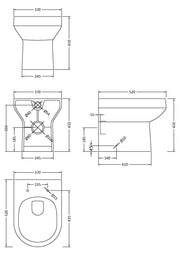 Nuie Harmony round back to wall toilet pan line drawing with dimensions