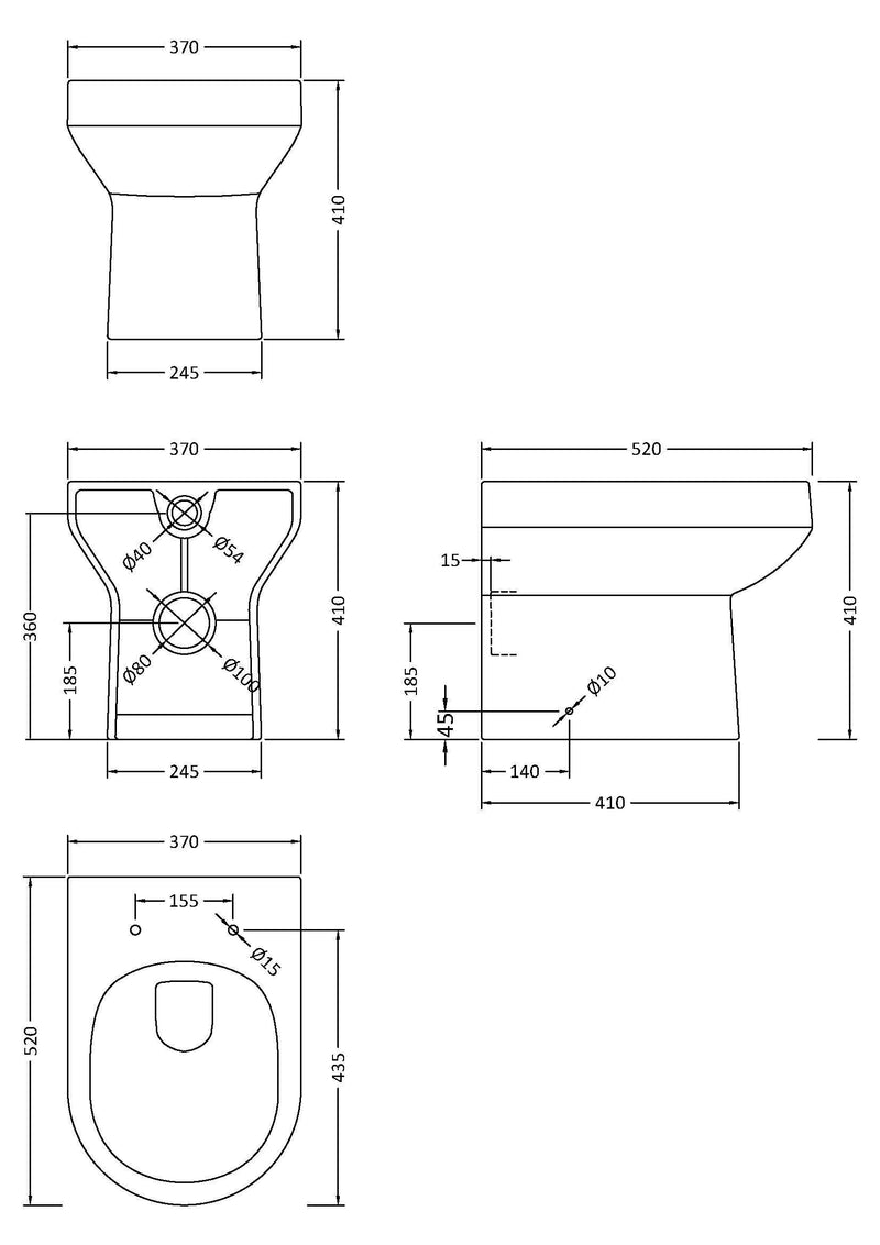 Nuie Harmony round back to wall toilet pan line drawing with dimensions
