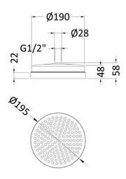 Nuie Chrome Fixed Shower Head dimensions line drawing