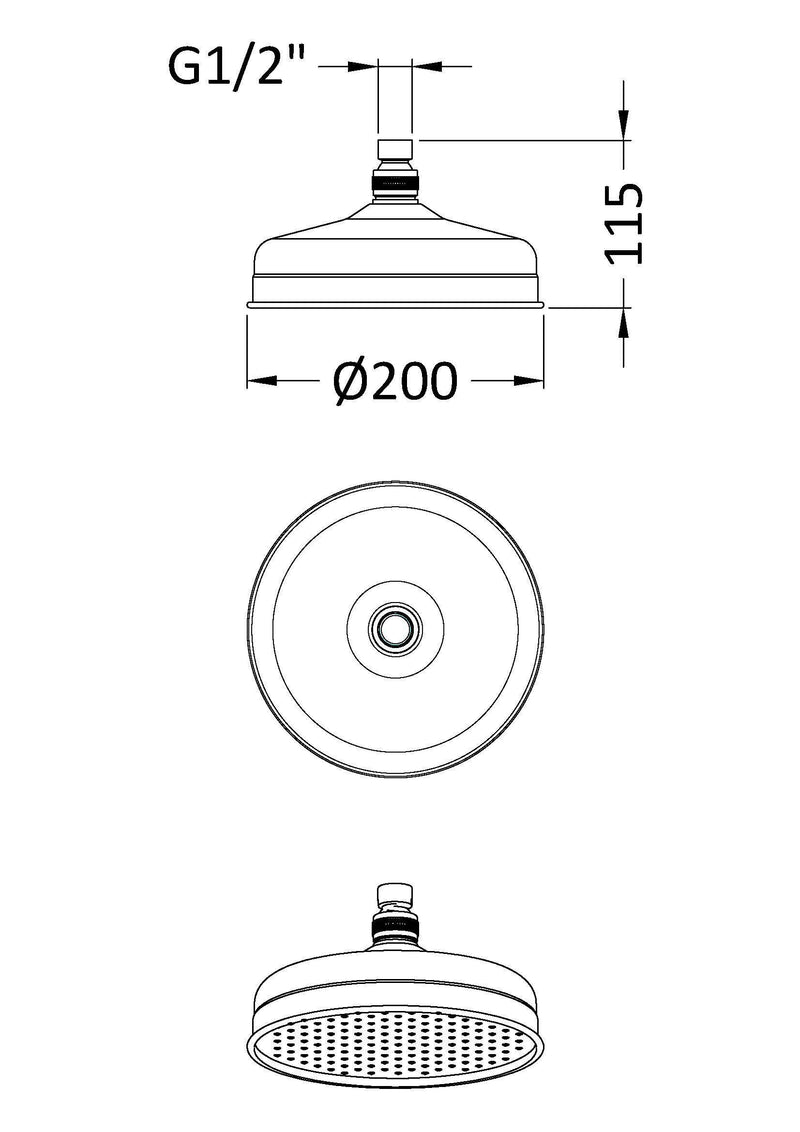 Nuie Chrome Fixed Shower Head dimensions line drawing