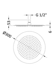 Nuie Chrome Fixed Shower Head dimensions line drawing