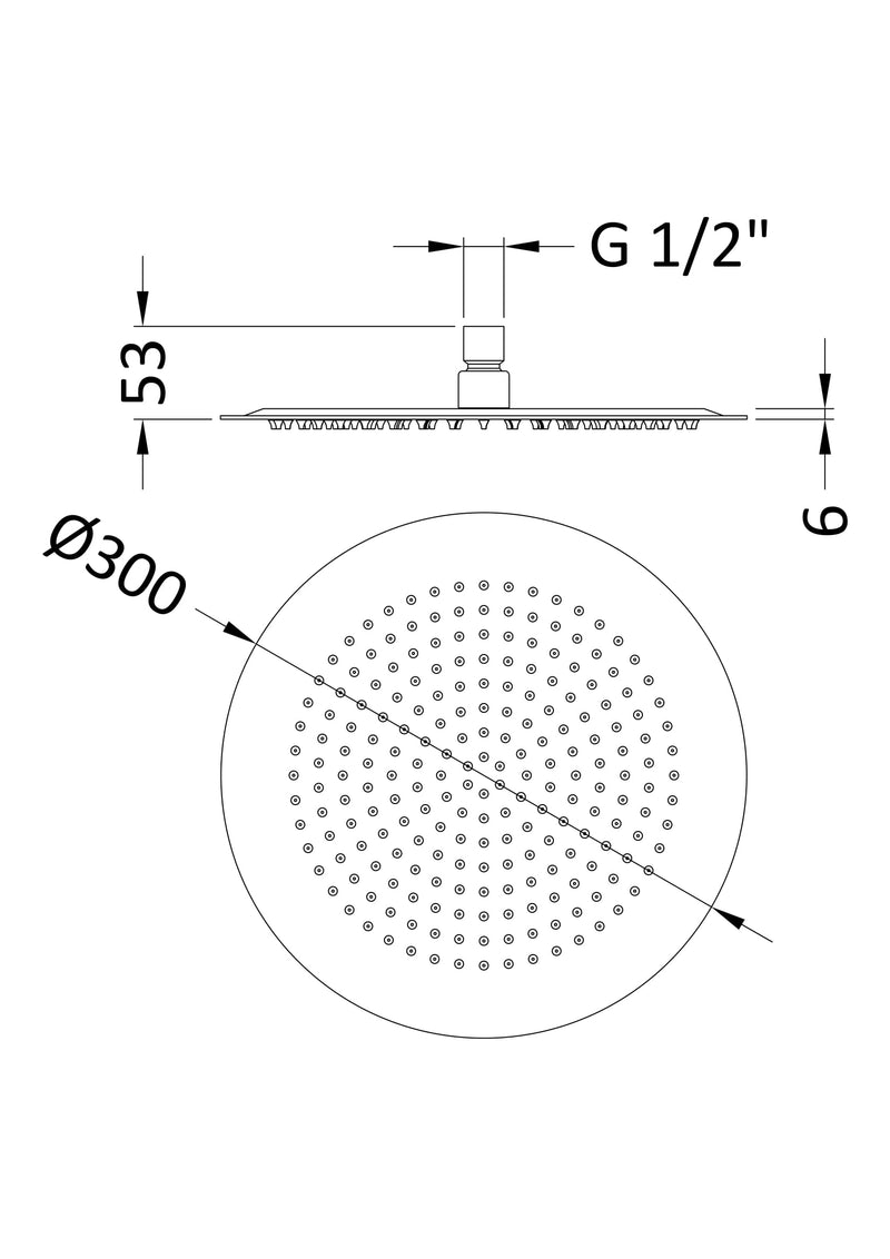 Nuie Chrome Fixed Shower Head dimensions line drawing