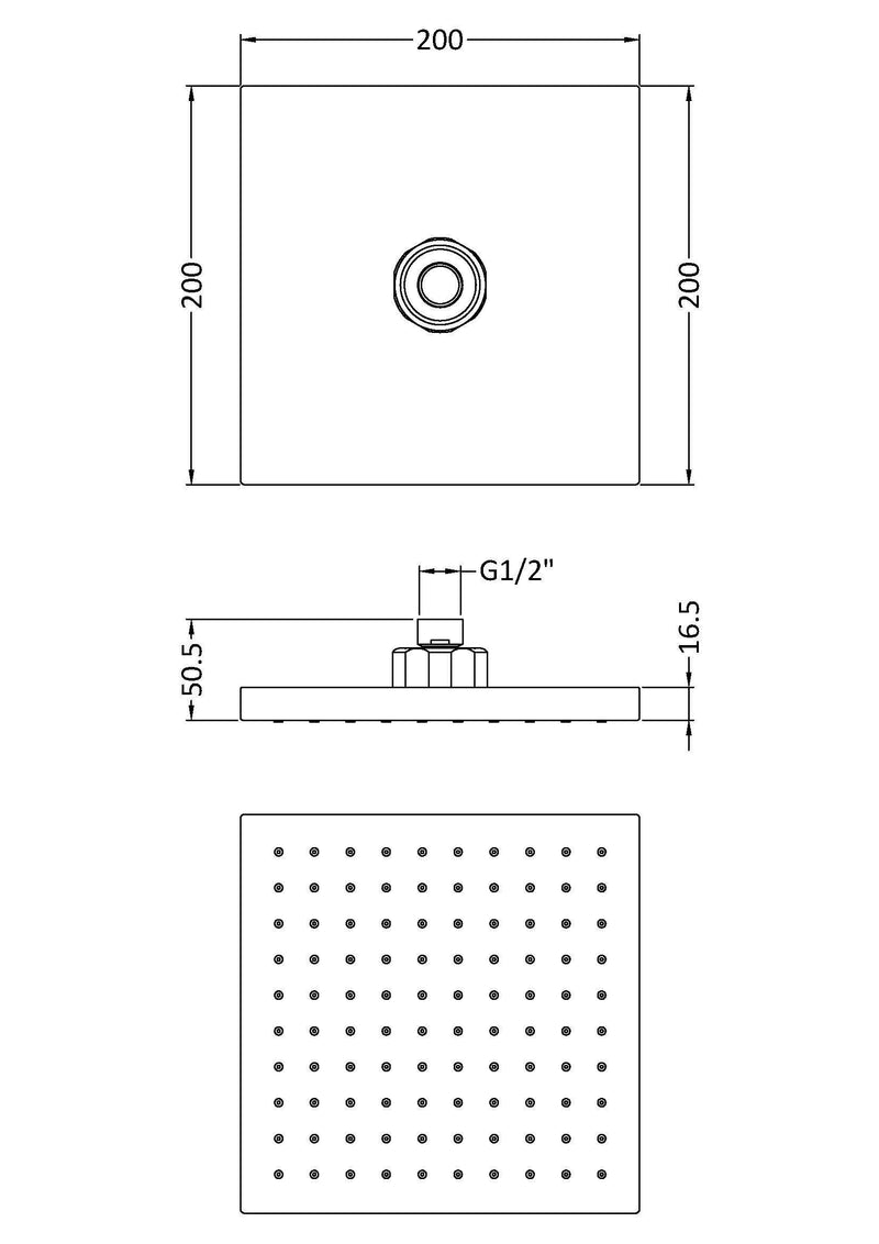 Nuie Chrome Fixed Shower Head dimensions line drawing