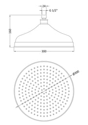 Nuie Brushed Pewter 300mm Fixed Shower Head dimensions line drawing