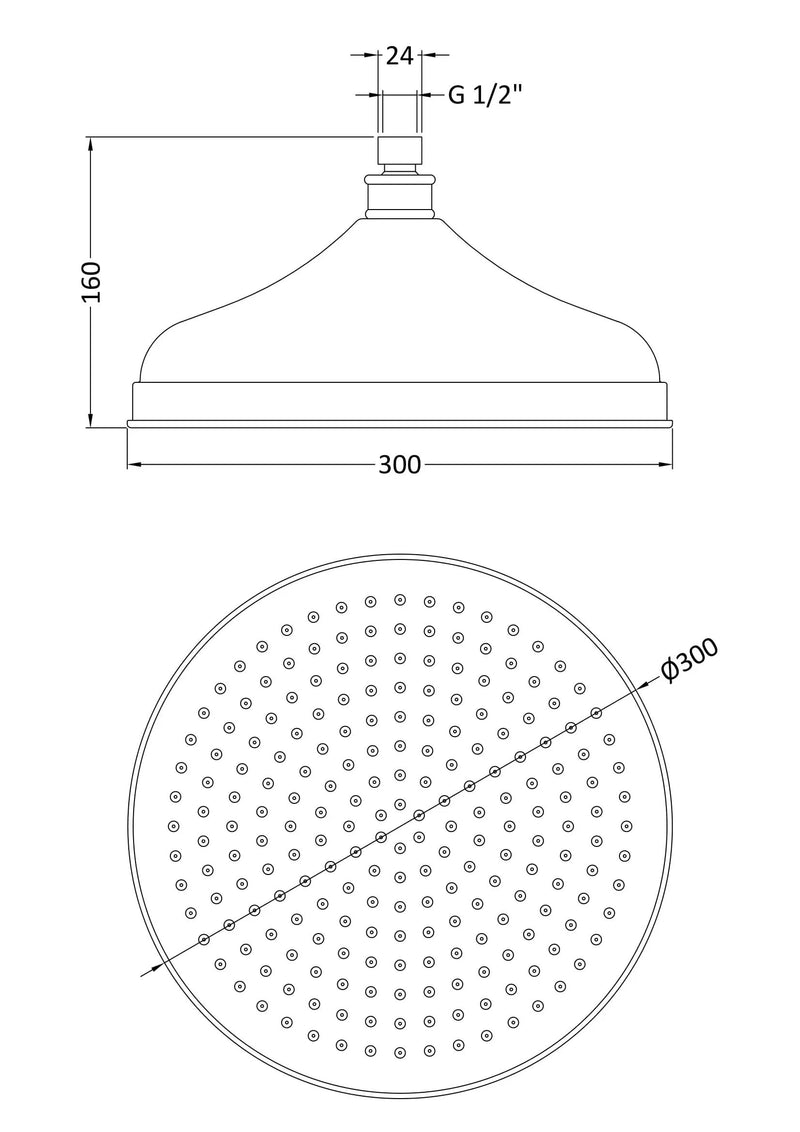 Nuie Brushed Pewter 300mm Fixed Shower Head dimensions line drawing