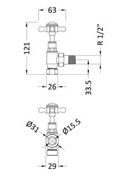 Nuie Chrome Angled Radiator Valve Pack dimensions line drawing