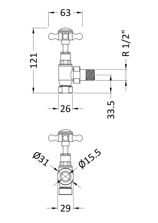 Nuie Chrome Angled Radiator Valve Pack dimensions line drawing