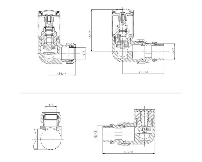 Nuie Chrome Corner Dual Fuel Radiator Valve Pack dimensions line drawing