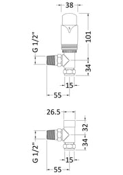 Nuie Chrome Angled Thermostatic Radiator Valve Pack dimensions line drawing