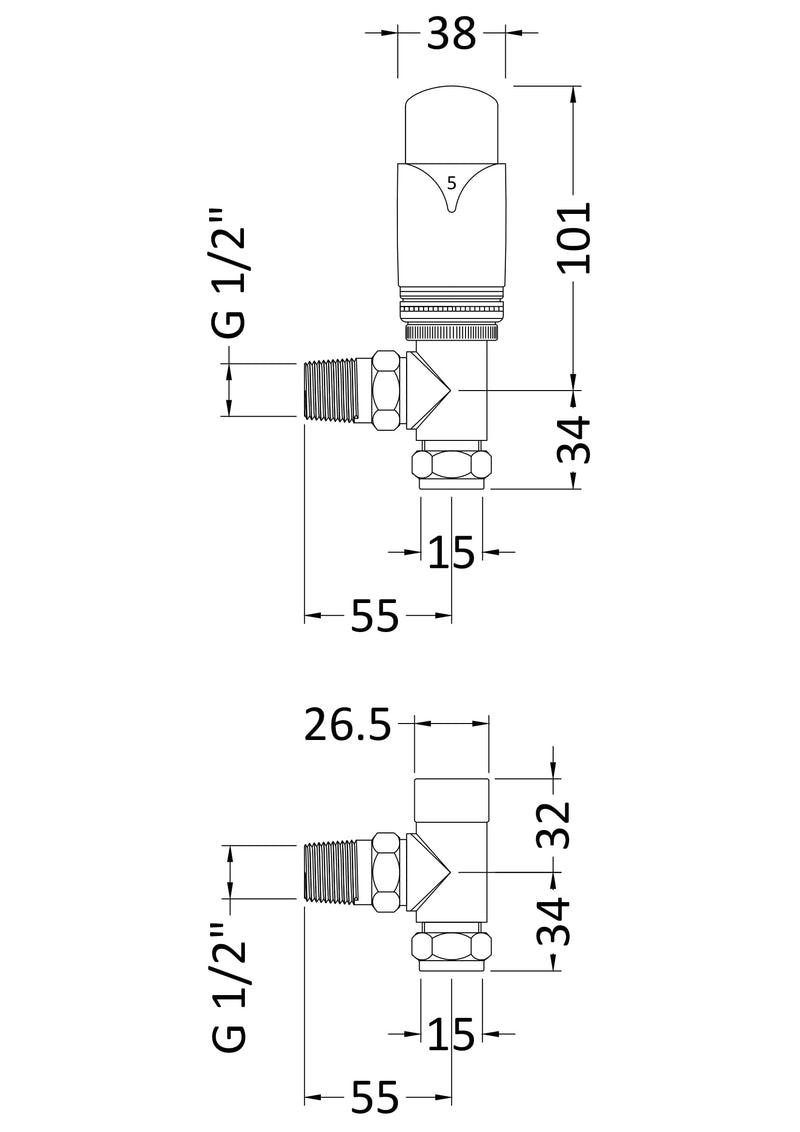 Nuie Chrome Angled Thermostatic Radiator Valve Pack dimensions line drawing