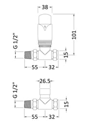 Nuie Chrome Straight Thermostatic Radiator Valve Pack dimensions line drawing