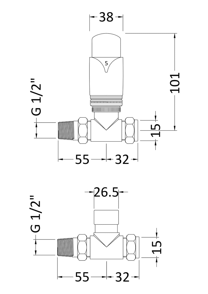 Nuie Chrome Straight Thermostatic Radiator Valve Pack dimensions line drawing