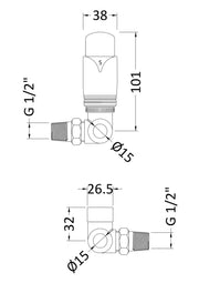 Nuie Chrome Corner Thermostatic Radiator Valve Pack dimensions line drawing