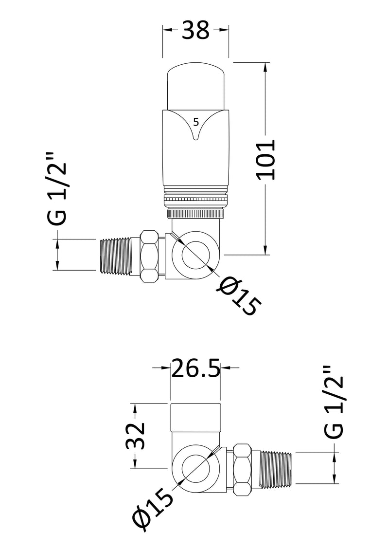 Nuie Chrome Corner Thermostatic Radiator Valve Pack dimensions line drawing