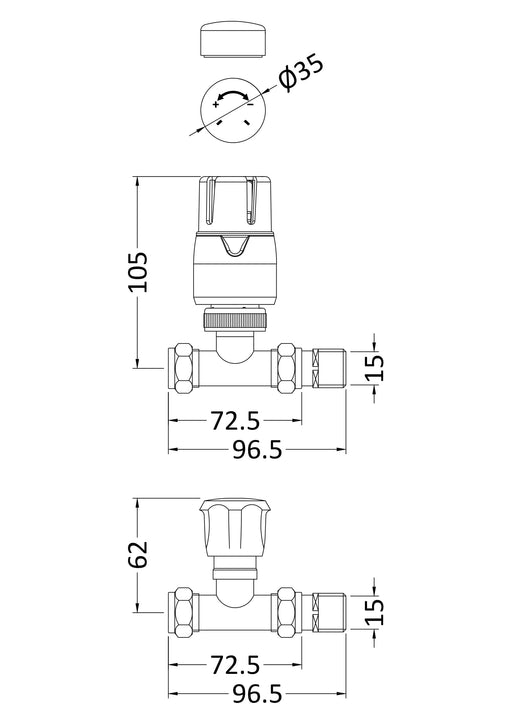 Nuie Chrome Straight Radiator Valve Pack dimensions line drawing