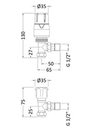 Nuie Chrome Angled Thermostatic Radiator Valve Pack dimensions line drawing