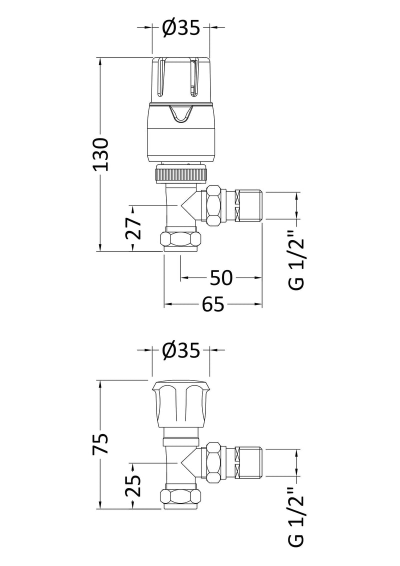 Nuie Chrome Angled Thermostatic Radiator Valve Pack dimensions line drawing