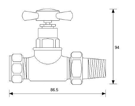 Nuie Chrome Crosshead Straight Radiator Valve Pack dimensions line drawing