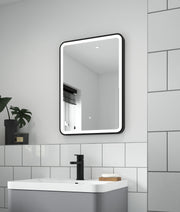 Nuie Hydrus Black LED touch sensor mirror in a modern bathroom
