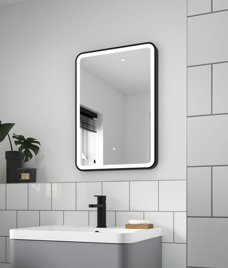 Nuie Hydrus Black LED touch sensor mirror in a modern bathroom