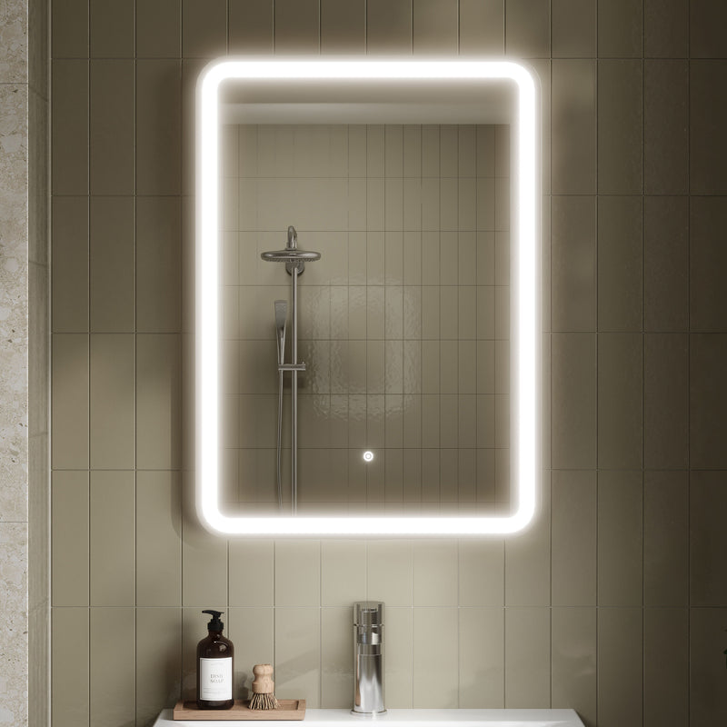Nuie Hydrus Chrome LED touch sensor mirror in a modern bathroom
