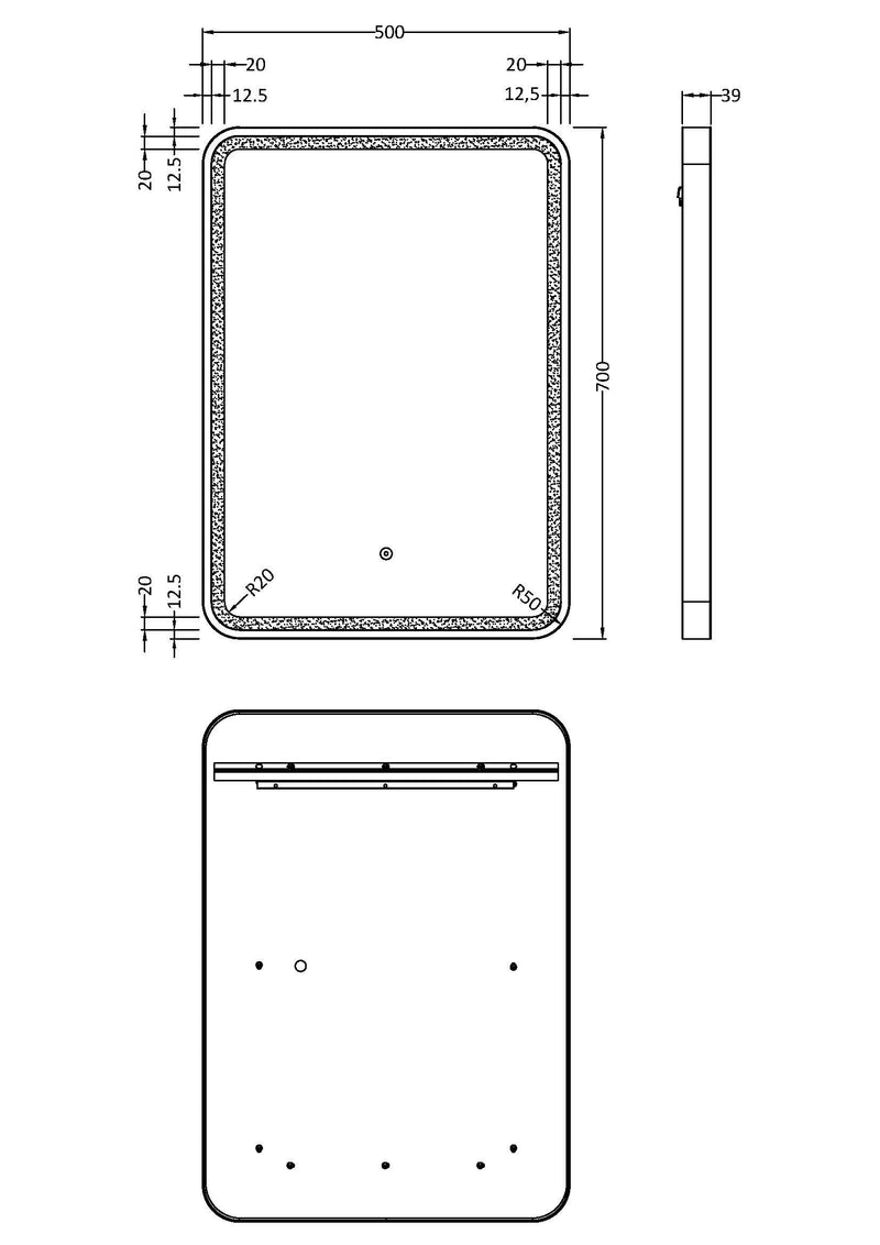 Nuie Hydrus LED touch sensor mirror dimensions diagram 700 x 500mm