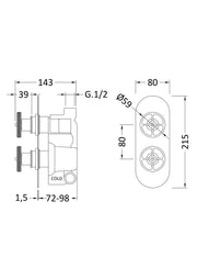 Nuie Industrial Dual Concealed Shower Valve with Diverter (2 Outlet) line drawing