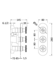 Nuie Industrial Triple Concealed Shower Valve (2 Outlet) line drawing