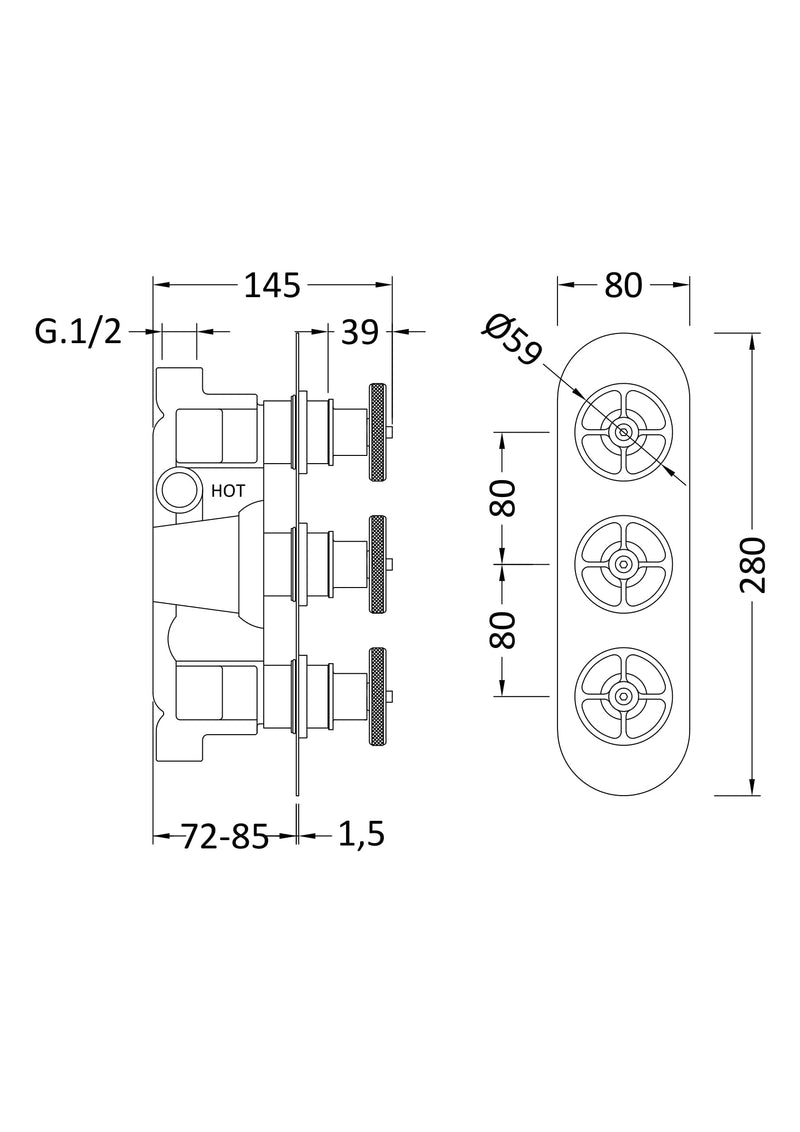 Nuie Industrial Triple Concealed Shower Valve (2 Outlet) line drawing
