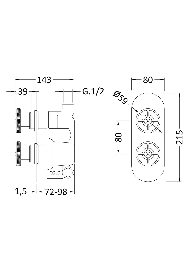 Nuie Industrial Twin Concealed Shower Valve (1 Outlet) line drawing