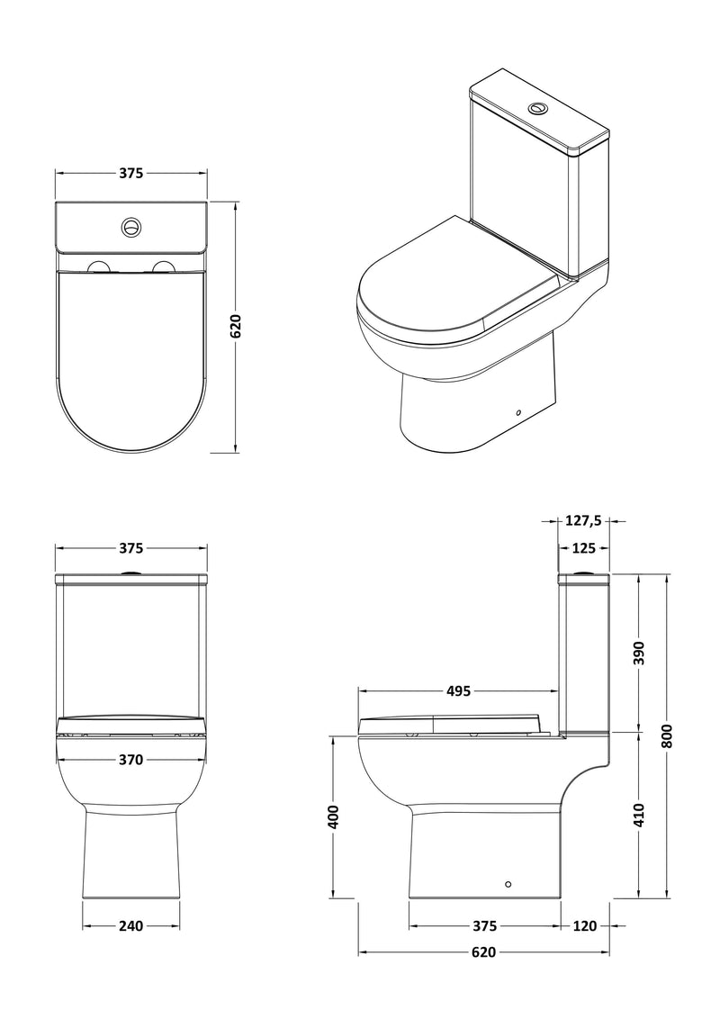 Nuie Isla compact rimless toilet line drawing with dimensions