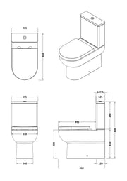 Nuie Isla flush to wall rimless toilet line drawing with dimensions