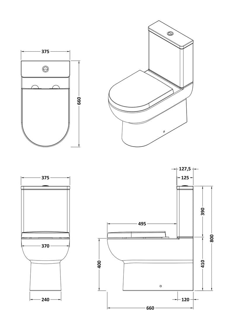 Nuie Isla flush to wall rimless toilet line drawing with dimensions