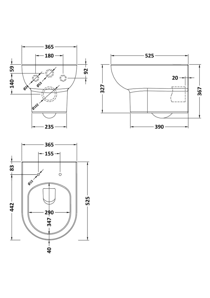 Nuie Isla rimless wall hung toilet pan line drawing with dimensions