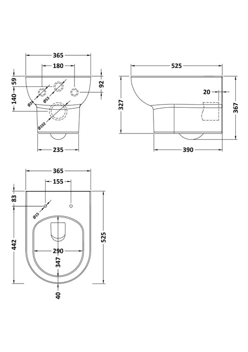 Nuie Isla rimless wall hung toilet pan line drawing with dimensions