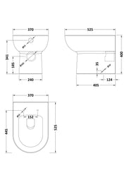 Nuie Isla round rimless back to wall toilet pan line drawing with dimensions