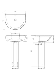 Nuie Ivo 550mm 1 tap hole basin and pedestal line drawing with dimensions